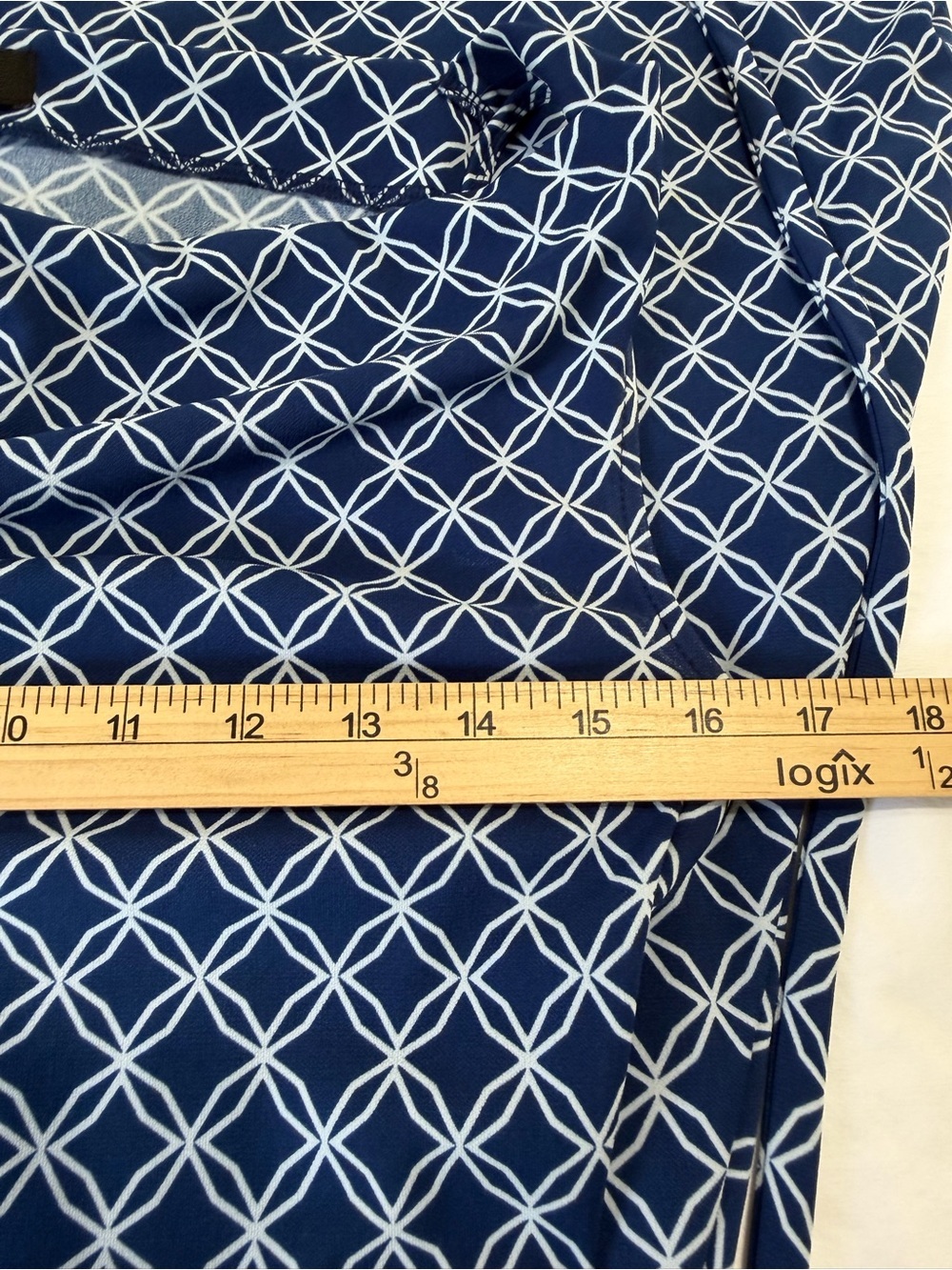 Y2K Express Blue Geometric Cowl Neck Dress Office fit &flare Grandmillennial 7/8 - Picture 5 of 7